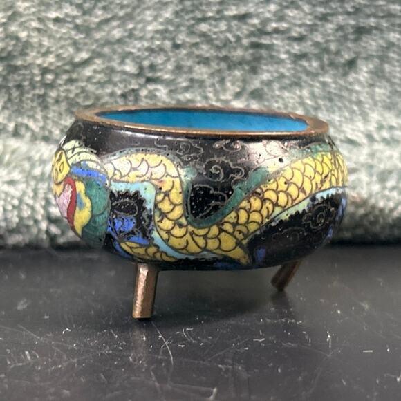 Mini Chinese Cloisonné Dragon Bowl Enamel Metal Art c1800s - Picture 9 of 10